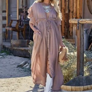 Vici Anika Pocketed Button Down Ruffle Maxi Dress in Light Mocha